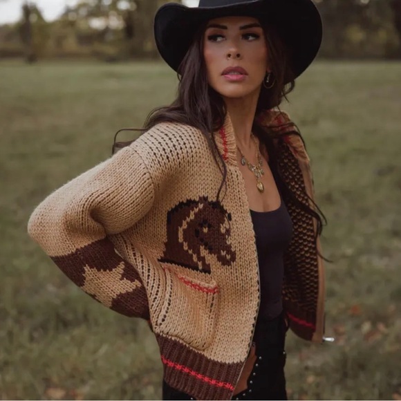 New Knitted Horse Print Cardigan Sweater Western Rodeo Montana Coat